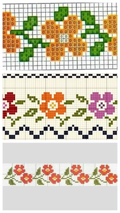 cross stitch pattern with flowers and leaves on the side, along with two different borders