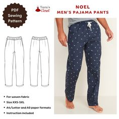 men's pajama pants sewing pattern with side pockets and drawstring