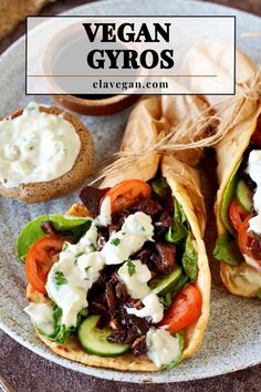 vegan gyros on a plate with dressing