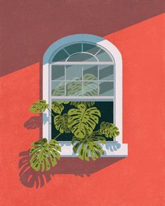 a painting of a window with a plant in the window sill next to it