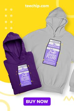 two sweatshirts with purple and grey hoodies on them, one has a bottle of liquid