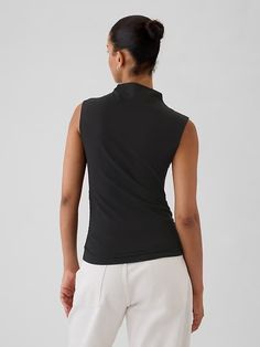 Modern Funnel-Neck Ruched Tank Top | Gap Fitted Gap Tops, Chic Sleeveless Gap Tops, Chic Sleeveless Tops By Gap, Gap Stretch Tank Top For Spring, Casual Fitted Gap Tank Top, Gap Fitted Casual Tank Top, Gap Casual Fitted Tank Top, Stretch Cotton Tank Top By Gap, Gap Cotton Stretch Tank Top