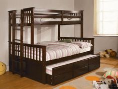 bunk bed with trundle and mattresses in the bottom section, on hardwood flooring