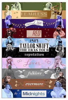 the poster for taylor swift's tour is shown in four different colors and sizes