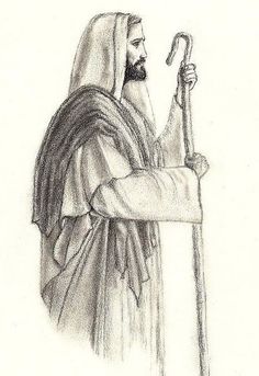 a pencil drawing of jesus holding a staff