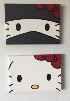 two paintings of hello kitty are hanging on the wall