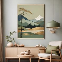 a living room with a painting on the wall