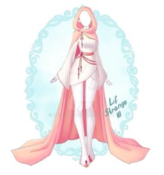 a drawing of a woman dressed in white and pink with a cape on her head