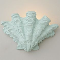 a light blue scallop is mounted on the side of a wall with a white background