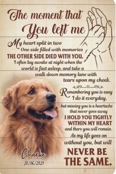 a golden retriever's memorial plaque with the words and image of his hand