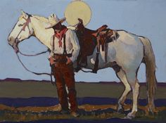 a painting of a man standing next to a white horse with a lasso on his back