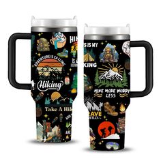 two travel mugs with the words hiking and camping on them, both printed in different colors