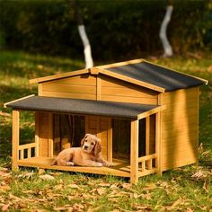 a dog is laying down in a small wooden house