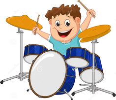 a boy playing drums with his hands up in front of the drum set and smiling