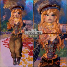 two pictures of a woman dressed in steampunk clothing and holding a book, standing next to a sign that says stockton