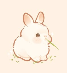 a white rabbit eating grass with its mouth open and tongue out, on a pink background