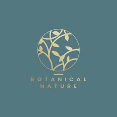 the botanical nature logo is shown in gold on a blue background, with leaves growing out of it