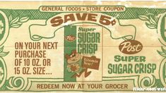 a green and white coupon for sugar crisp