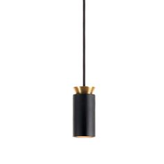 a black and gold pendant light hanging from a ceiling