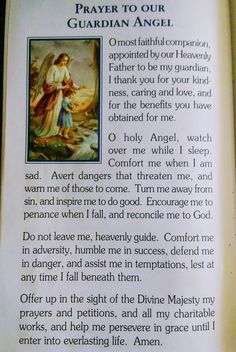 an open book with the words prayer to our guardian angel on it's page