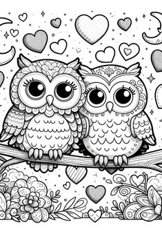 two owls sitting on a branch with hearts