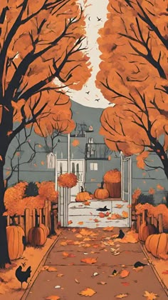 an image of a fall scene with pumpkins and trees