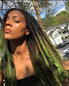 woman with thick green locs and black roots Loc Color Ideas, Green Locs, Boxed Hair Color, Dyed Locs, Which Hair Colour, Wild Hair Color, Lighter Hair, Beautiful Dreadlocks