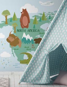 a child's room with a teepee tent and wall mural