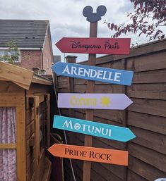 a wooden sign with many different colored signs on it