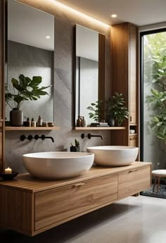 a bathroom with two sinks, mirrors and plants in the corner on the countertop