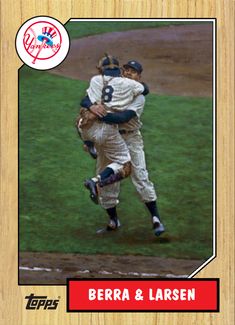 a baseball card with two players hugging each other