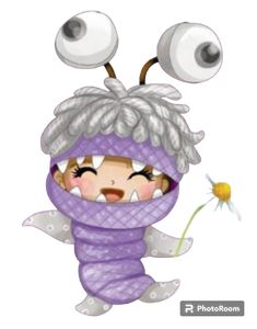 a cartoon character is holding a flower with two eyes and one eyeball on his head