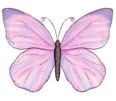 a pink butterfly with purple wings and glitters on it's wings, flying in the air