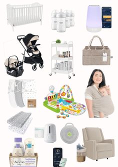 a collage of baby items including a stroller, crib, and diaper