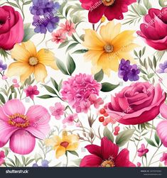 colorful flowers on white background with pink, yellow and purple flowers in the foreground