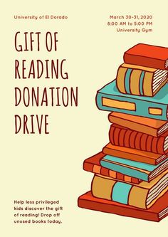 a stack of books with the words gift of reading donation drive written on it in red and blue