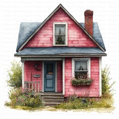 a watercolor painting of a pink house with blue door and window boxes on the porch