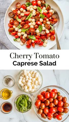 cherry tomato caprese salad on a white plate with the title in the middle