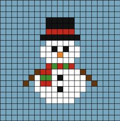 A pixel art template of a Snow-man, wearing a green and red striped scarf and a tall-like bowling hat with a red stripe across. Pixel Drawing Christmas, Pixel Art Grid Christmas, Christmas Pixel Art Easy, Pixel Art Ideas Christmas, Christmas Pixel Art Aesthetic, Christmas Tree Pixel Art