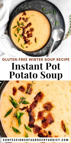 two images with the same image and text overlaying them for instant pot potato soup