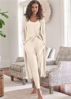 Fashion, Loungewear- Snuggle up in this super soft waffle knit lounge set complete with a long duster, sleeveless top and joggers that tie at the waist for a perfect fit. Wear it to stay in AND to go out—you won't want to change out of this set that was made for some well-deserved "you time!" ·  Sizes: XS (2), S (4-6), M (8-10), L (12-14), XL (16) ·  Plus sizes: 1X (18-20), 2X (22-24), 3X (26-28) ·  Three-piece set includes cardigan, sleeveless top and joggers ·  Slit pockets and elastic tie wai Plain Sweatpants, Lounge Outfits, Rhinestone Flats, Loungewear Sets, Online Fashion Stores, Comfy Outfits