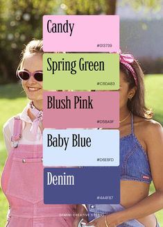 two girls in overalls and sunglasses with the words candy, spring green, blush pink, baby blue