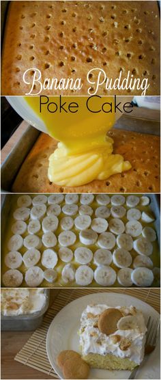 banana pudding poke cake is being served on a plate