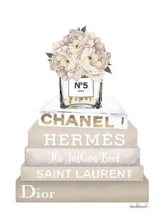 three books stacked on top of each other in front of a white background with the words, chanel hermes and saint laurent dior