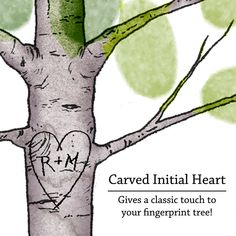 a drawing of a tree with the words carved initial heart on it