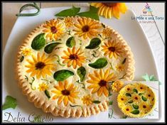 there is a pie with sunflowers on it