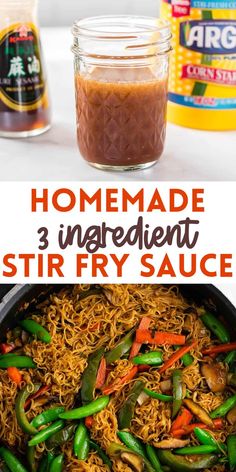 homemade stir fry sauce in a glass jar and an image of the ingredients