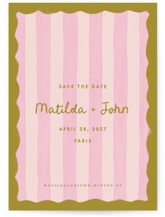 save the date card with pink and green stripes