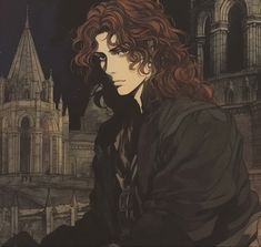 a man with long hair sitting in front of a castle