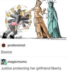 an image of the statue of liberty being held by a man in a suit and tie